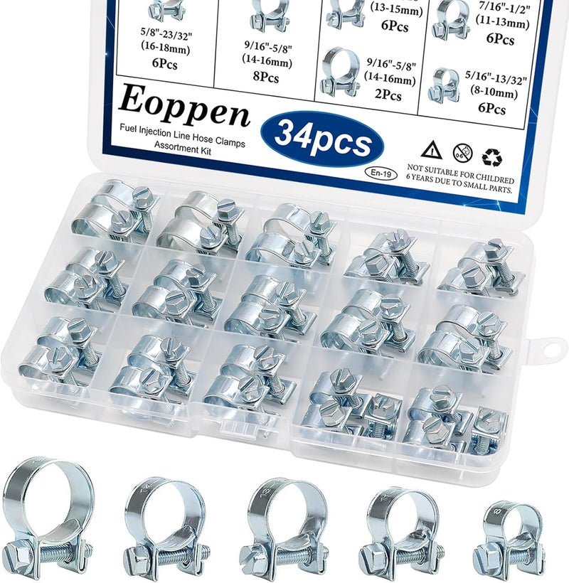 Eoppen 34Pcs 5 Sizes 8-18mm Fuel Line Clamp Assortment Kit, 1/4Inch 5/16Inch 3/8Inch Fuel Injection Gas Line Hose Clamps for Diesel Petrol Pipe - Image 1